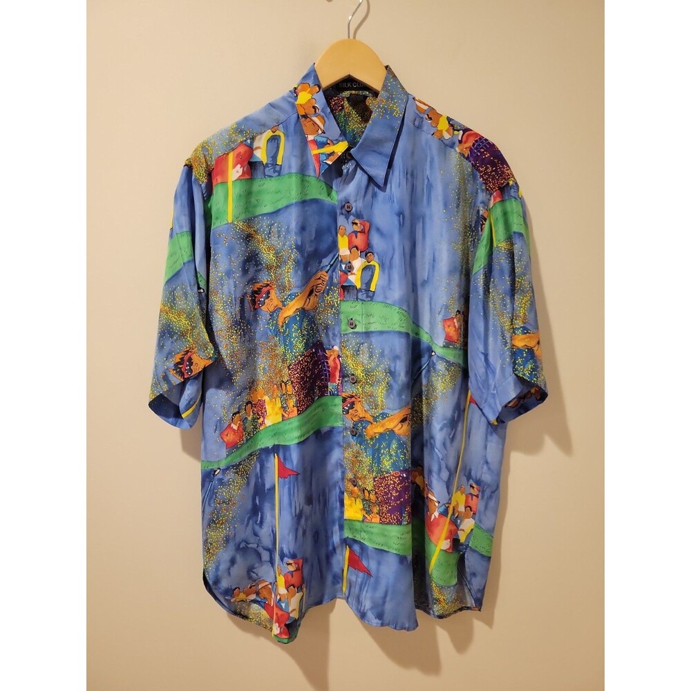 Vintage 90s Silk Club Aloha Shirt M All Over Golf Print 100% Silk Resortwear Y2K